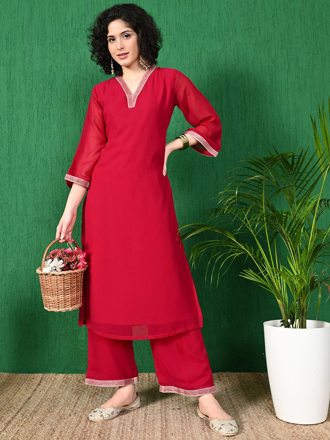 V Neck Three Quarter Sleeves Straight Kurta Sets