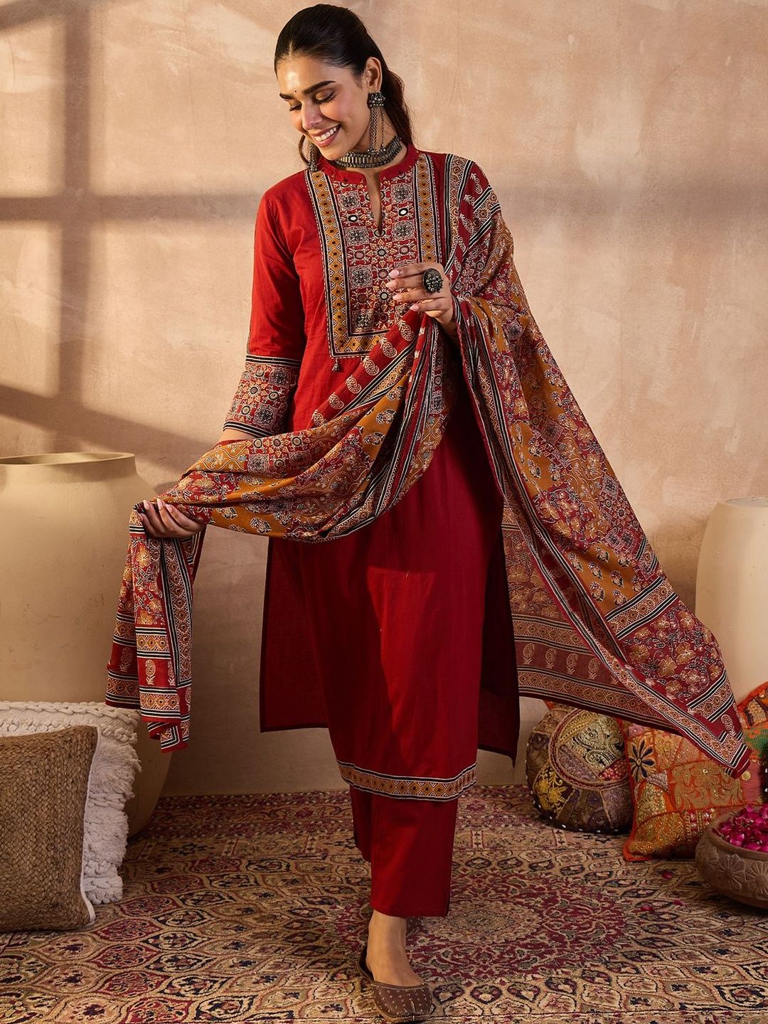 Women Ethnic Motifs Embroidered Beads and Stones Pure Cotton Kurta with Trousers
