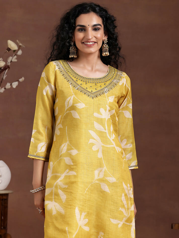 Women's LB Mustard Printed Organza Straight Suit With Dupatta