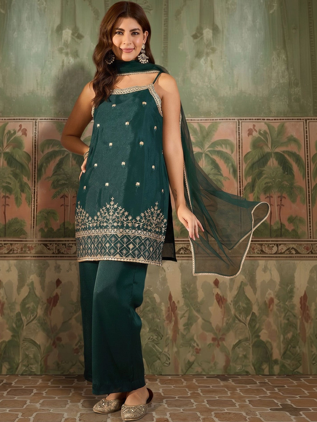 Dhiyona SN Embroidered Georgette Round Neck Kurta & Palazzos With Dupatta