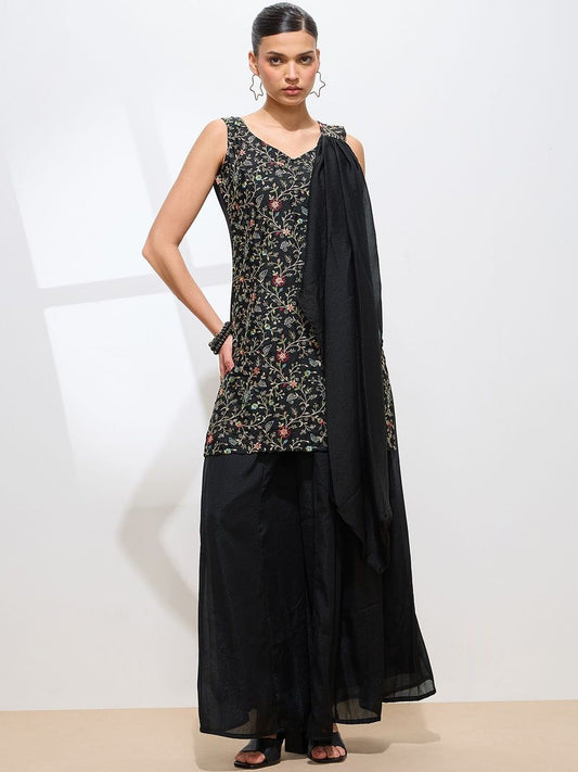 Dhiyona KL Floral Embroidered V-Neck Thread Work Georgette Kurta & Palazzos With Dupatta