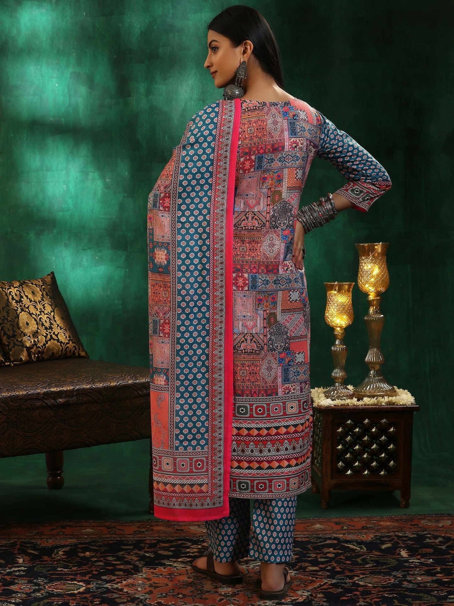 Women's LB Multicoloured Printed Linen Straight Suit With Dupatta