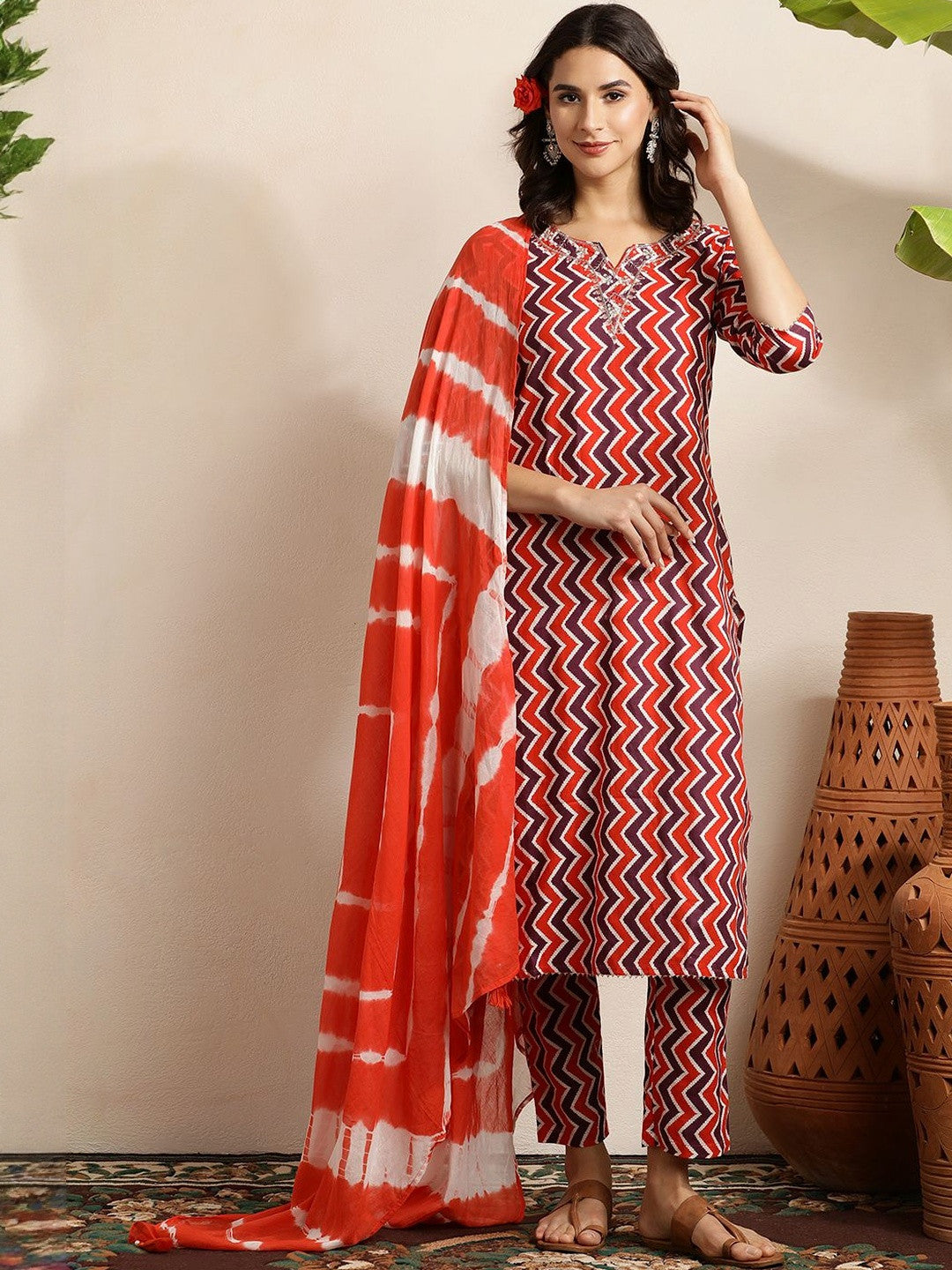 Chevron Printed Notch Neck Beads & Stones Pure Cotton Kurta With Trouser & Dupatta