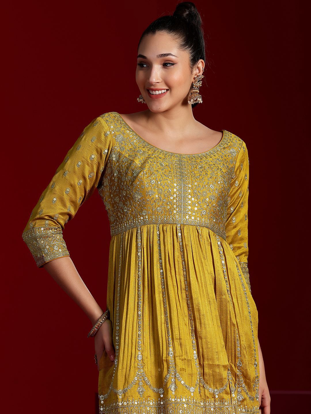 Dhiyona LL Floral Embroidered Empire Sequinned Anarkali Kurta with Sharara & Dupatta