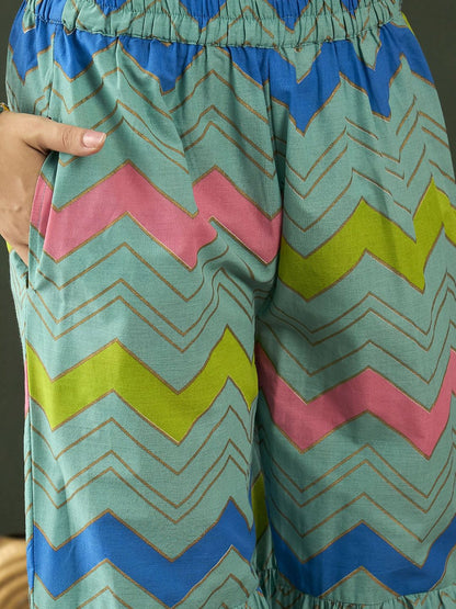 Dhiyona SN Printed Mirror Work Straight Kurta With Sharara & Dupatta