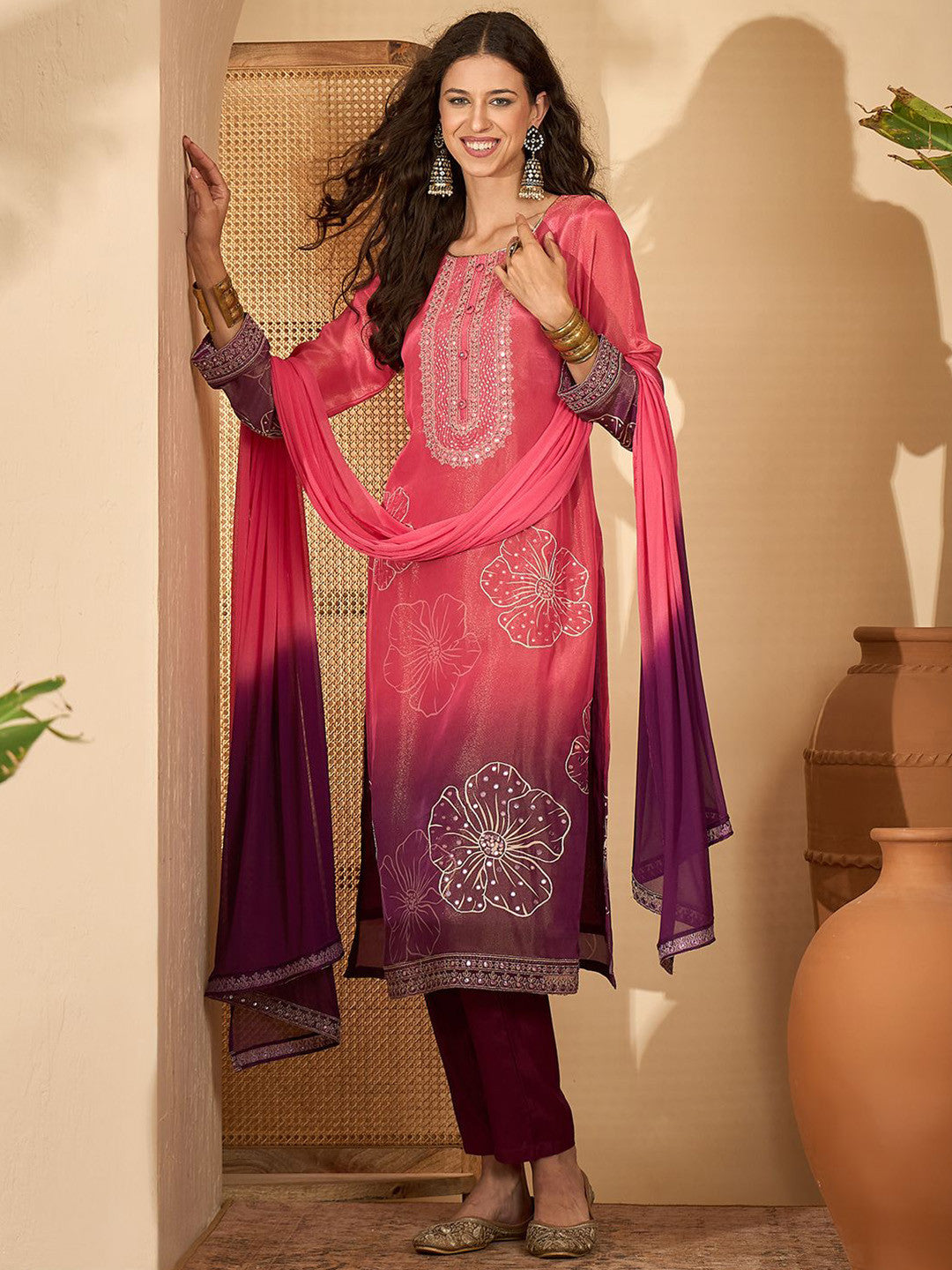 Women Embroidered Straight Kurta With Trouser & Dupatta