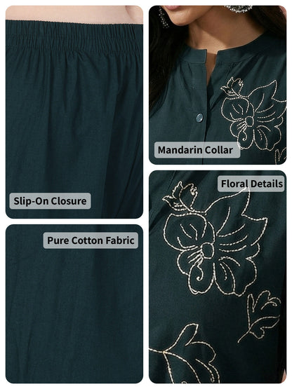 Floral Embroidered Regular Pure Cotton Kurta with Trouser