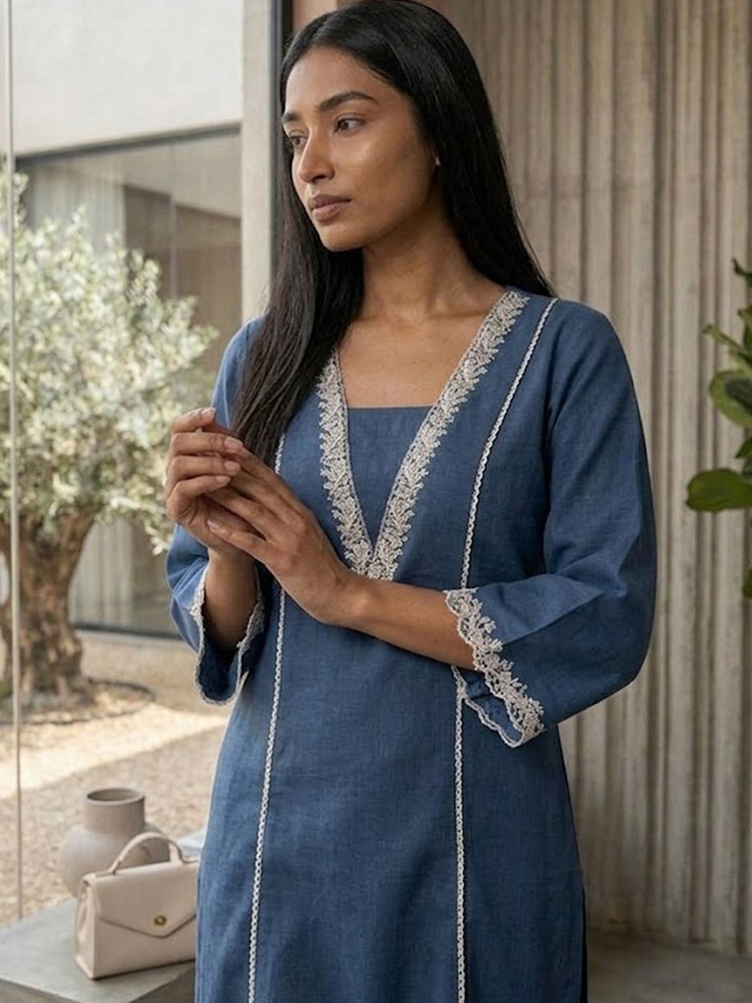 Navy Blue Navy Blue and White Square Neck Floral Embroidered Top With Trouser