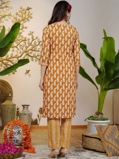 Dhiyona KL Paisley Printed Regular V-Neck Pure Cotton Straight Kurta With Trousers & Dupatta