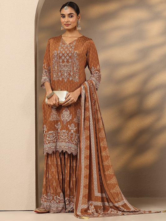 Dhiyona LL Women Ethnic Motifs Embroidered Regular Thread Work Silk Crepe Kurta with Sharara & With Dupatta