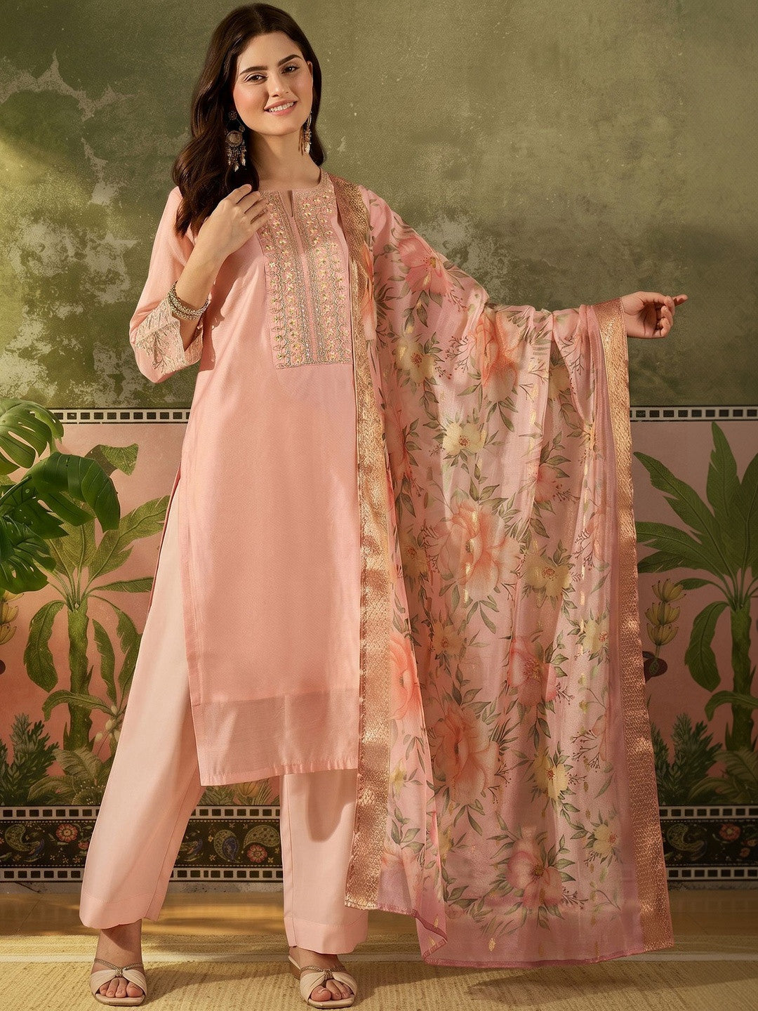 Embroidered Round Neck Kurta & Trousers With Dupatta