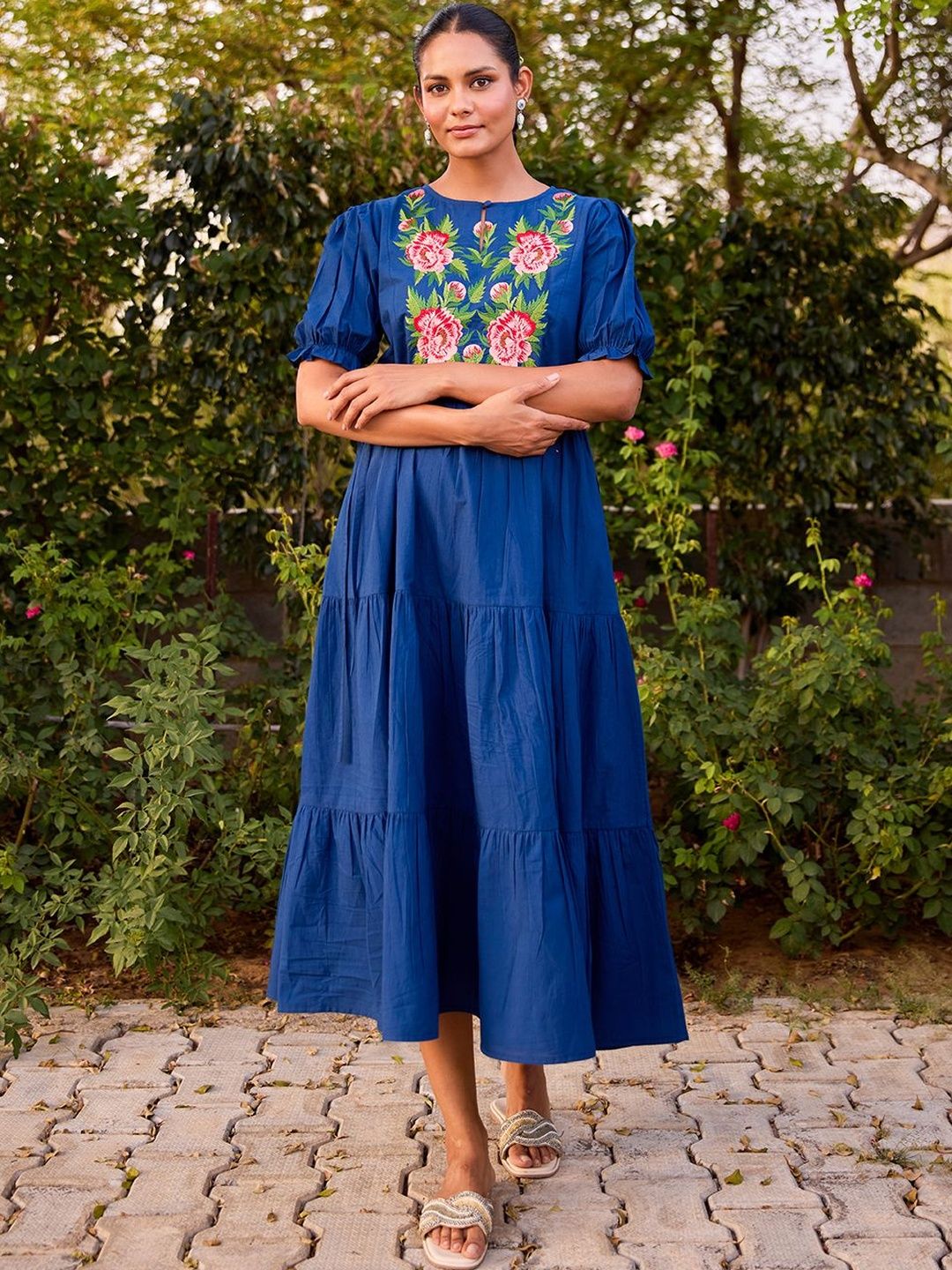 Dhiyona AY Women's Embroidered Round Neck Fit and Flare Ethnic Dresses