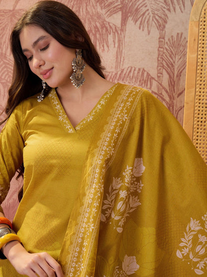 Printed Pure Cotton V-Neck Kurta & Trousers With Dupatta