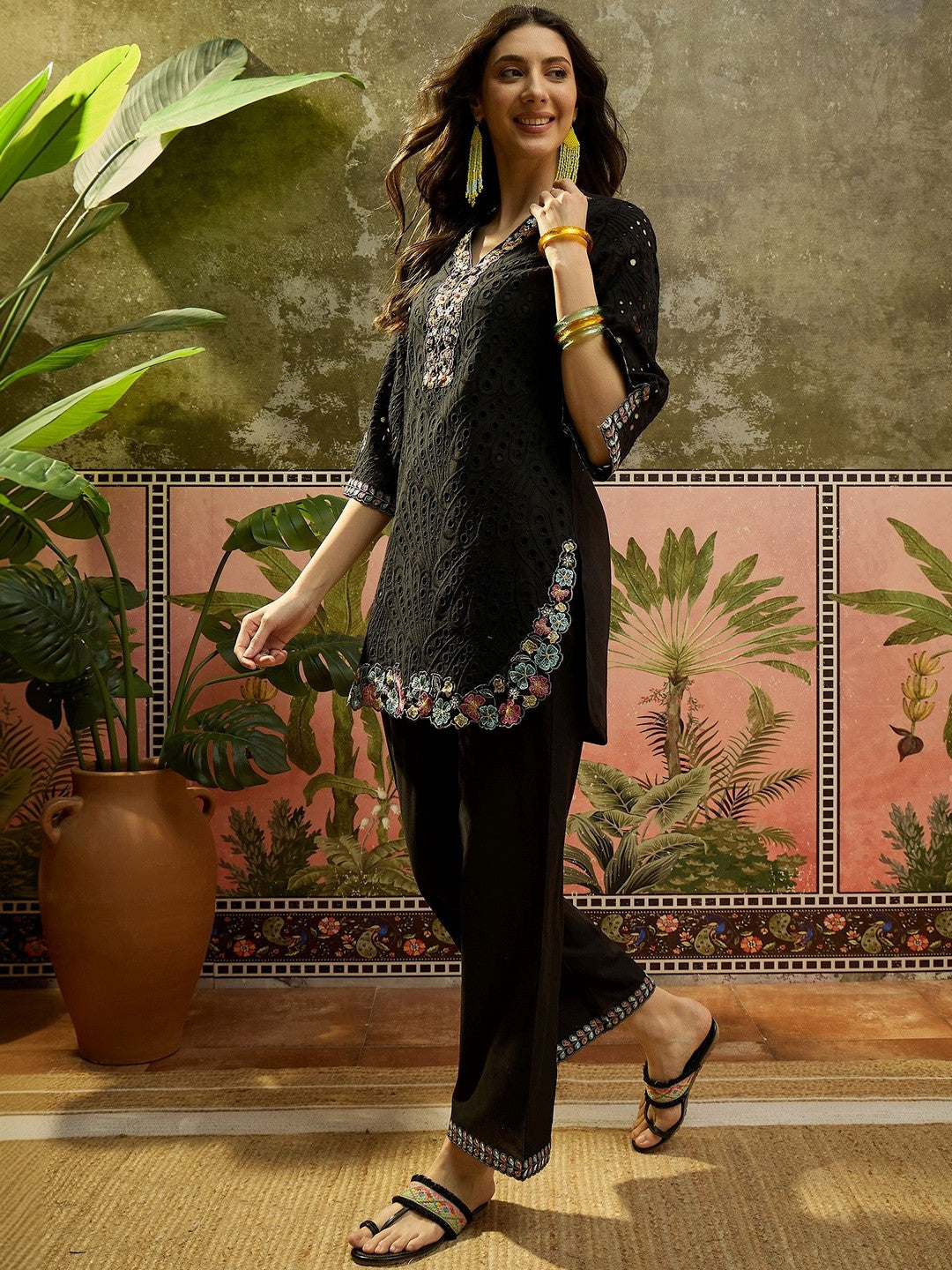 Embroidered Pure Cotton V-Neck Kurti & Trousers