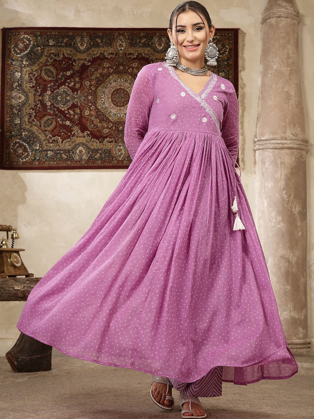 Women Ethnic Motifs Printed Angrakha Thread Work Pure Cotton Kurta with Palazzos & With Dupatta