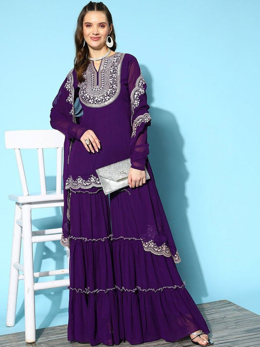 Dhiyona KL Women Ethnic Motifs Embroidered Regular Thread Work Kurta with Sharara & With Dupatta