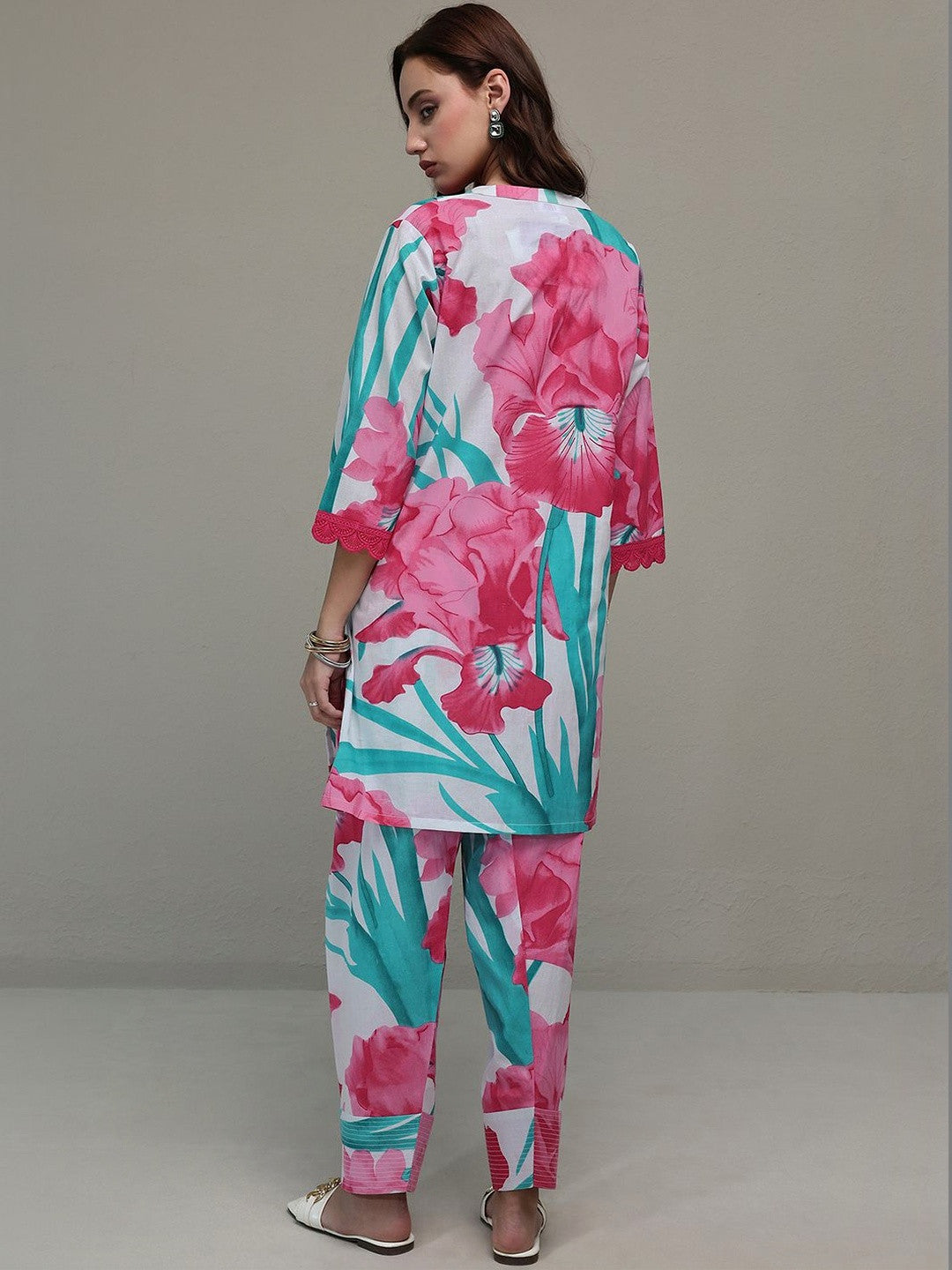 White Floral Printed Cotton Straight Kurta Set