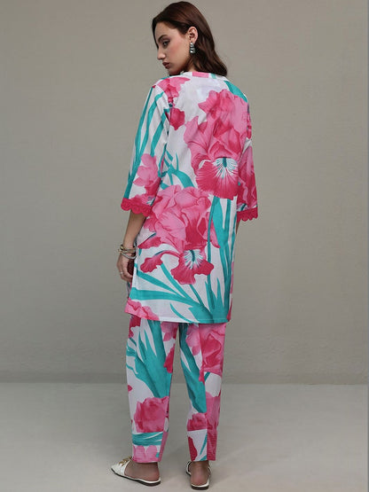 White Floral Printed Cotton Straight Kurta Set