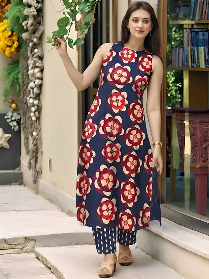 Printed Pure Cotton Round Neck Kurta & Trousers