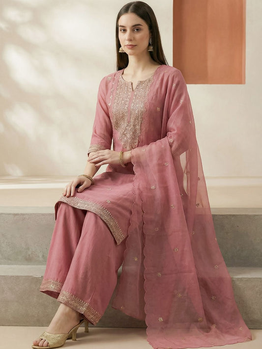 Dhiyona IE Women Ethnic Motifs Embroidered Regular Thread Work Kurta with Palazzos & With Dupatta