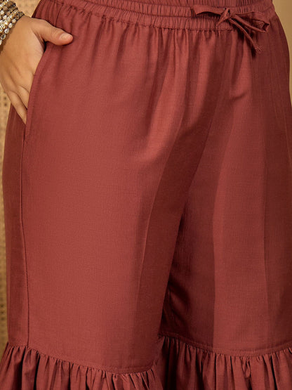 Women Maroon Embroidered Kurta Sets With Dupatta