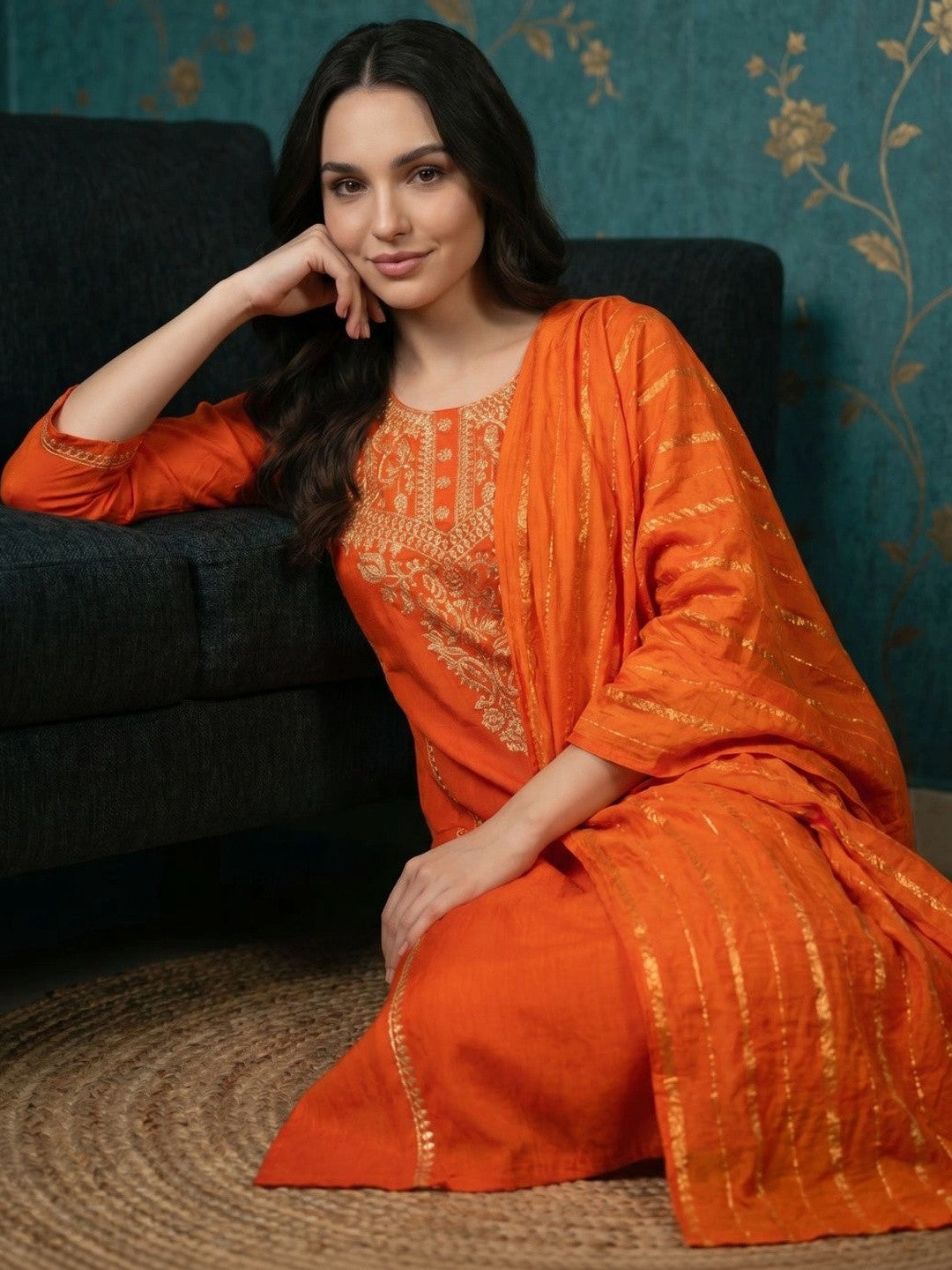 Women Ethnic Motifs Embroidered Regular Thread Work Kurta with Trousers & With Dupatta