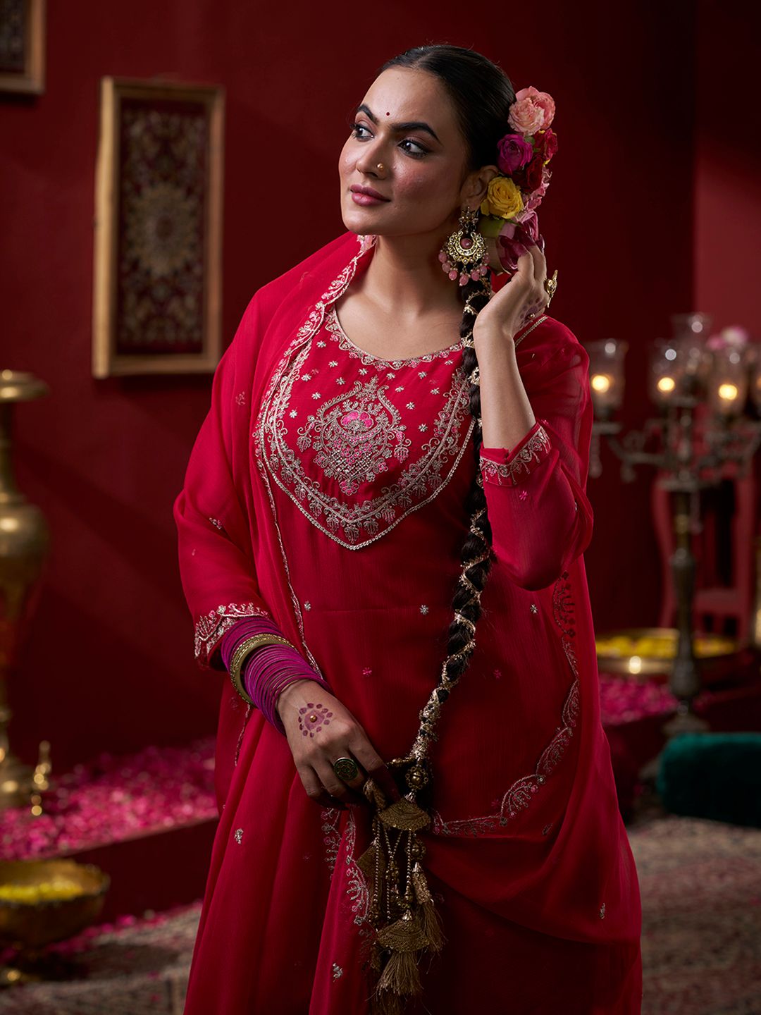 Dhiyona CH Women Ethnic Motifs Embroidered Sequinned Straight Kurta with Palazzos & Dupatta
