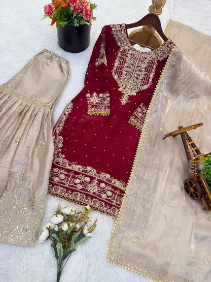 Dhiyona KL Women Ethnic Motifs Embroidered Regular Thread Work Kurta with Sharara & With Dupatta