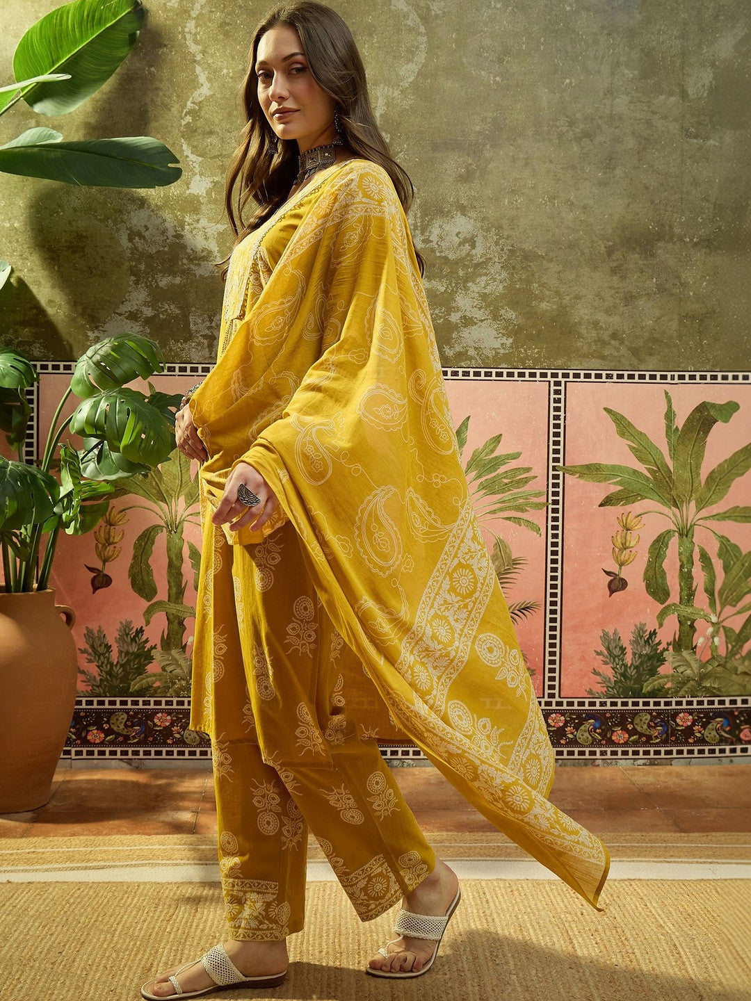 Embroidered Pure Cotton V-Neck Kurta & Trousers With Dupatta