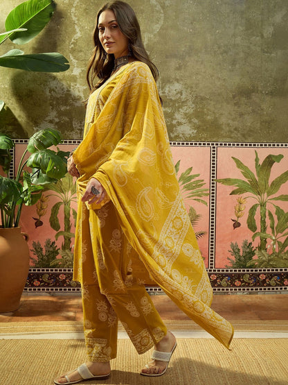 Embroidered Pure Cotton V-Neck Kurta & Trousers With Dupatta