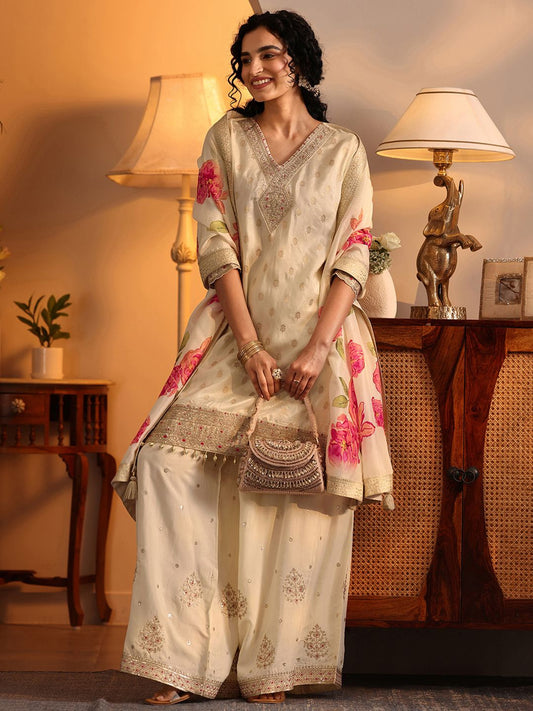 Dhiyona LL Women Floral Regular Thread Work Kurta with Palazzos & Dupatta