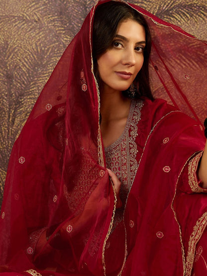 Dhiyona SN Women Ethnic Motifs Embroidered Knee Length Regular Kurta with Sharara & Dupatta