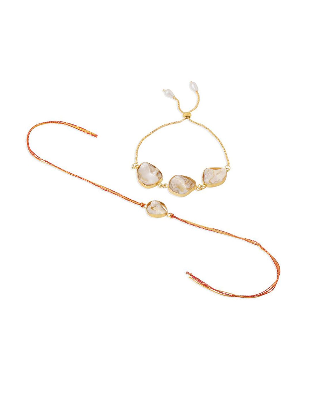Dhiyona Set Of 2 Gold Toned Pearls Bhaiya Bhabhi Rakhi With Roli Chawal Chandan Mishri