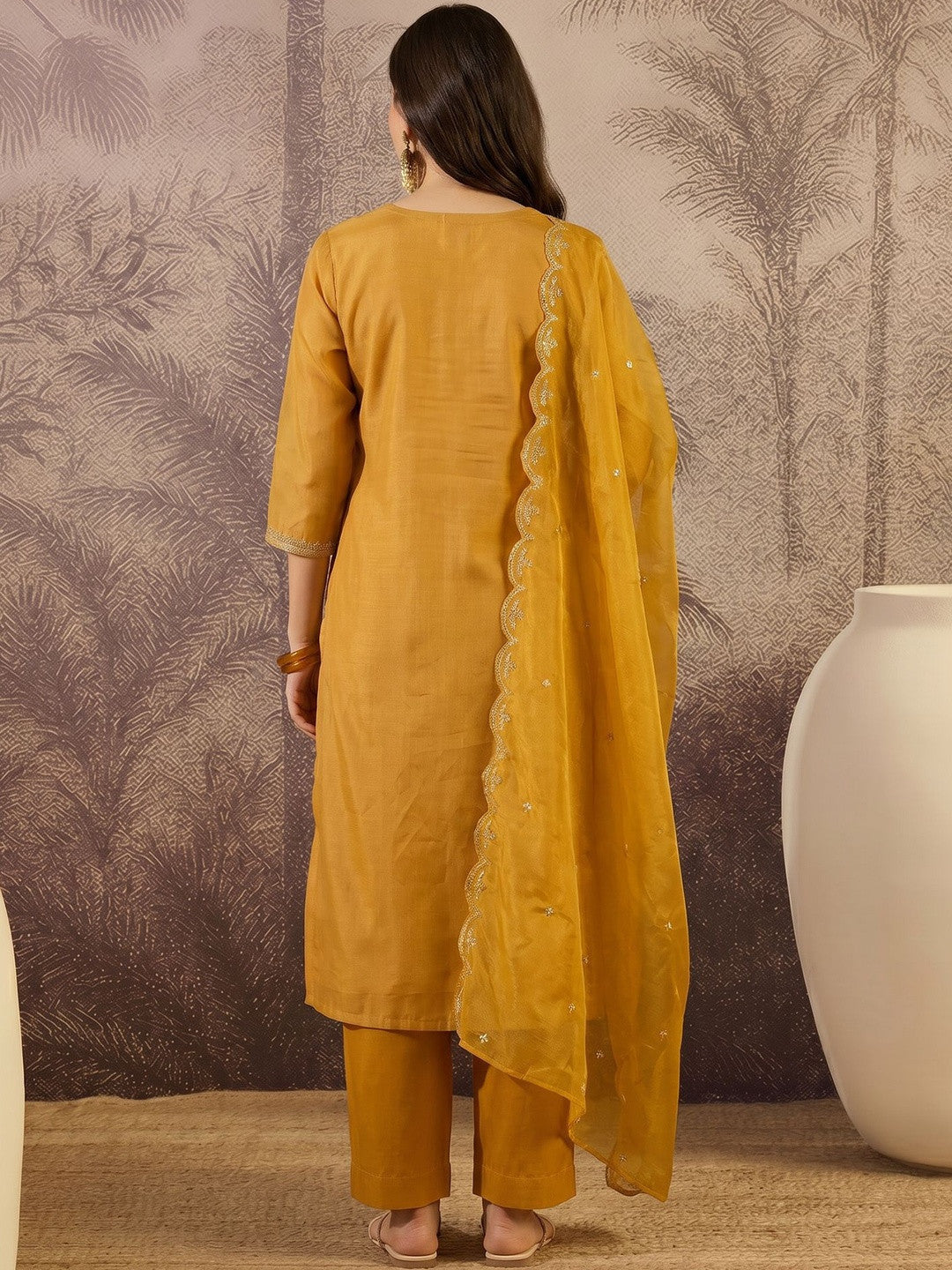 Embroidered Cotton V-Neck Kurta & Trousers With Dupatta