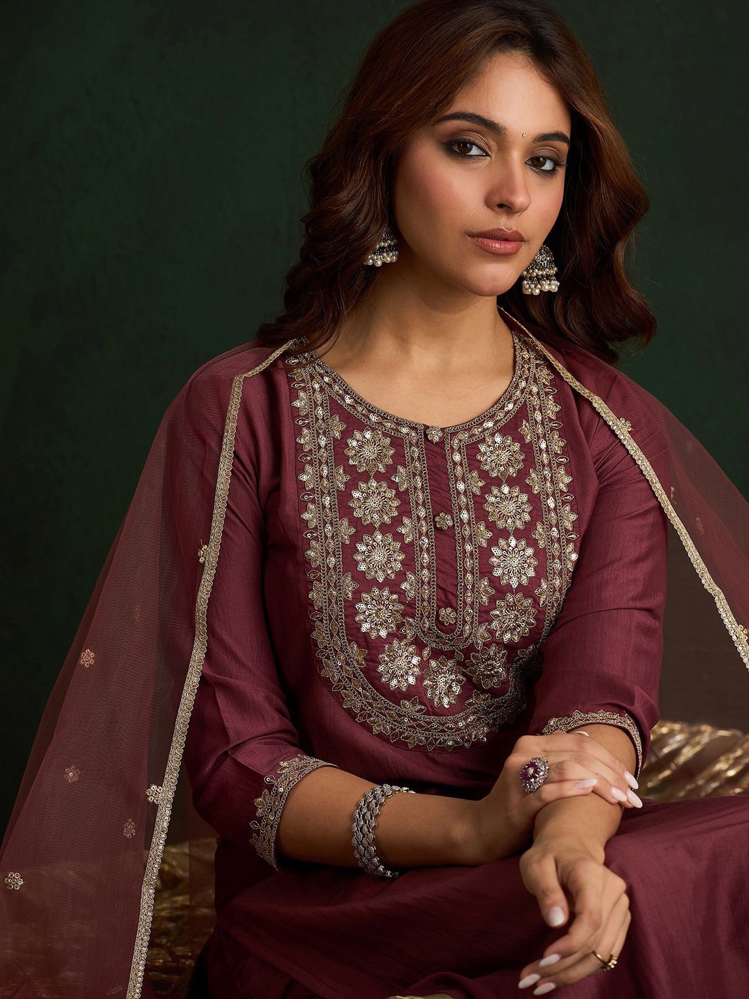 Floral Embroidered Straight Kurta with Trousers & Dupatta