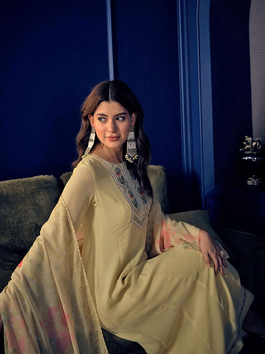 Dhiyona CH Women Floral Embroidered Pleated Sequinned A-Line Kurta with Trousers & Dupatta
