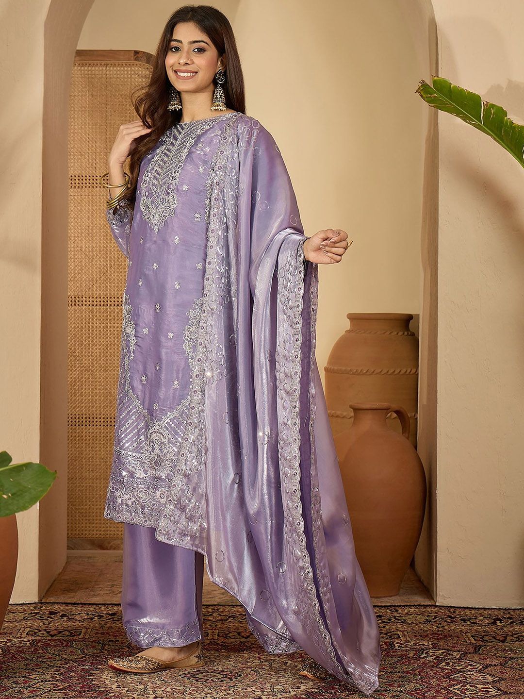 Dhiyona SN Women Floral Embroidered Silk Kurta with Palazzos & Dupatta