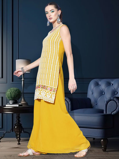 Dhiyona SN Floral Embroidered Sequinned Work Georgette Straight Kurta With Palazzo & Dupatta