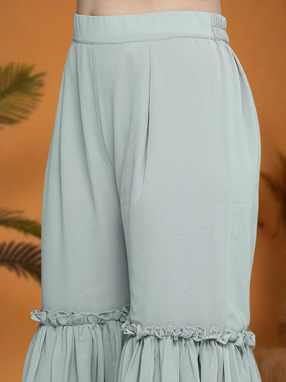 Dhiyona SN Floral Embroidered Sequinned Silk Georgette A-Line Kurta With Sharara & Dupatta