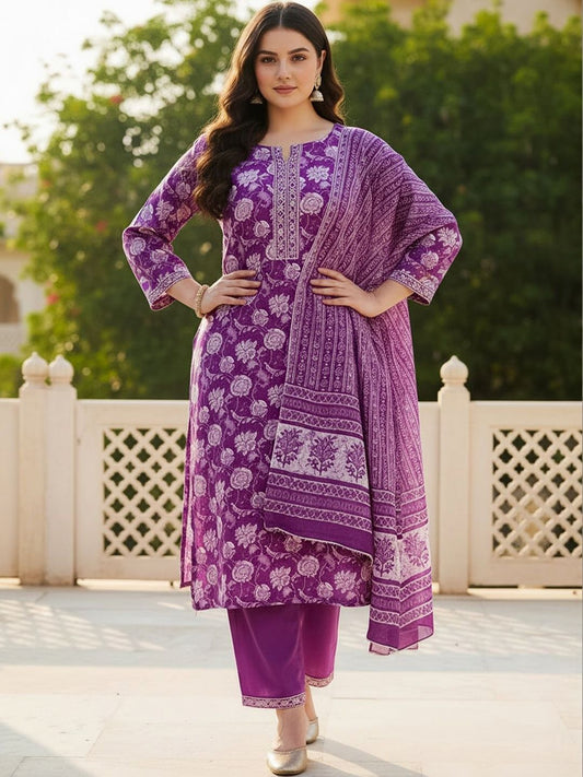Dhiyona Women's Floral Printed Regular Mirror Work Pure Cotton Kurta with Trousers & With Dupatta
