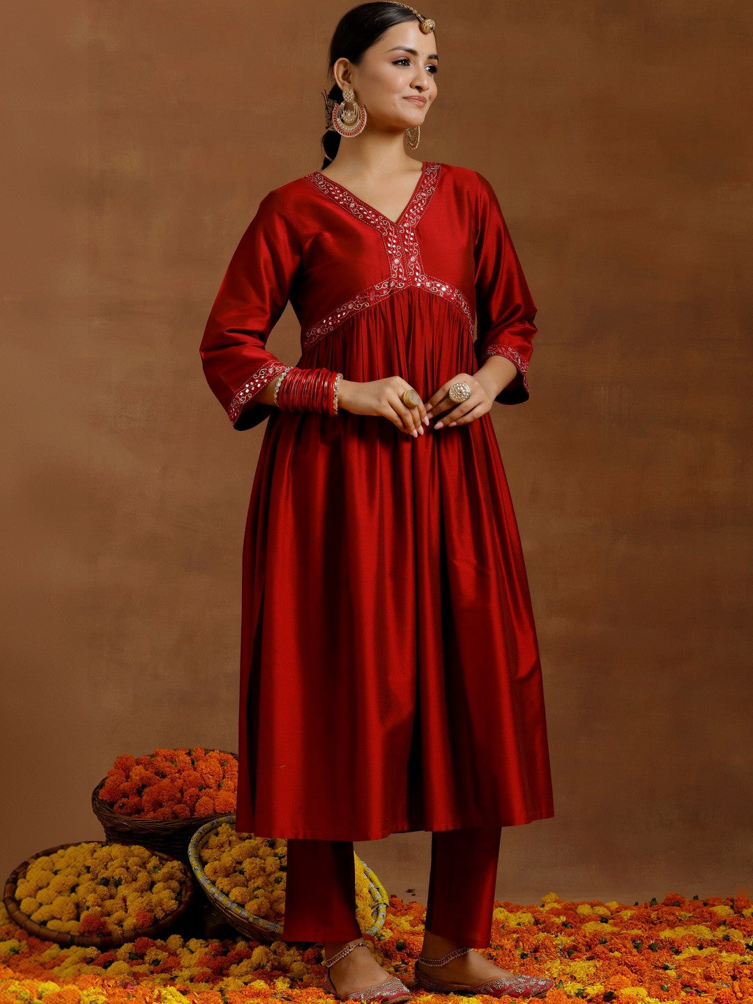 Women Ethnic Motifs Embroidered Empire Mirror Work Kurta with Trousers & With Dupatta