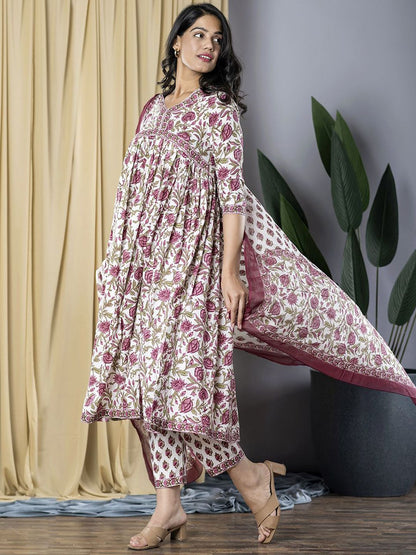 Dhiyona KL Floral Printed V-Neck Pure Cotton Anarkali Kurta With Trousers & Dupatta