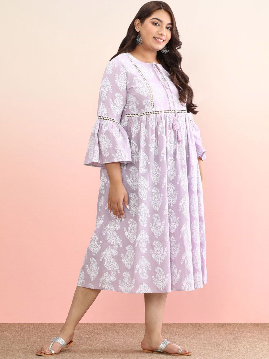 Dhiyona AY Women's Plus Size Ethnic Motifs Printed Tie-Up Neck Pure Cotton A-Line Dress