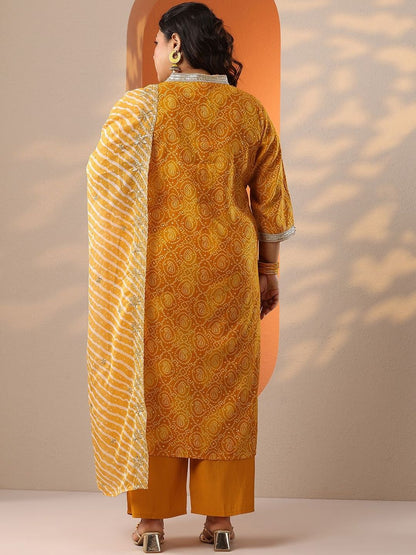Dhiyona Women's Plus Size Bandhani Printed Straight Kurta With Palazzos & Dupatta