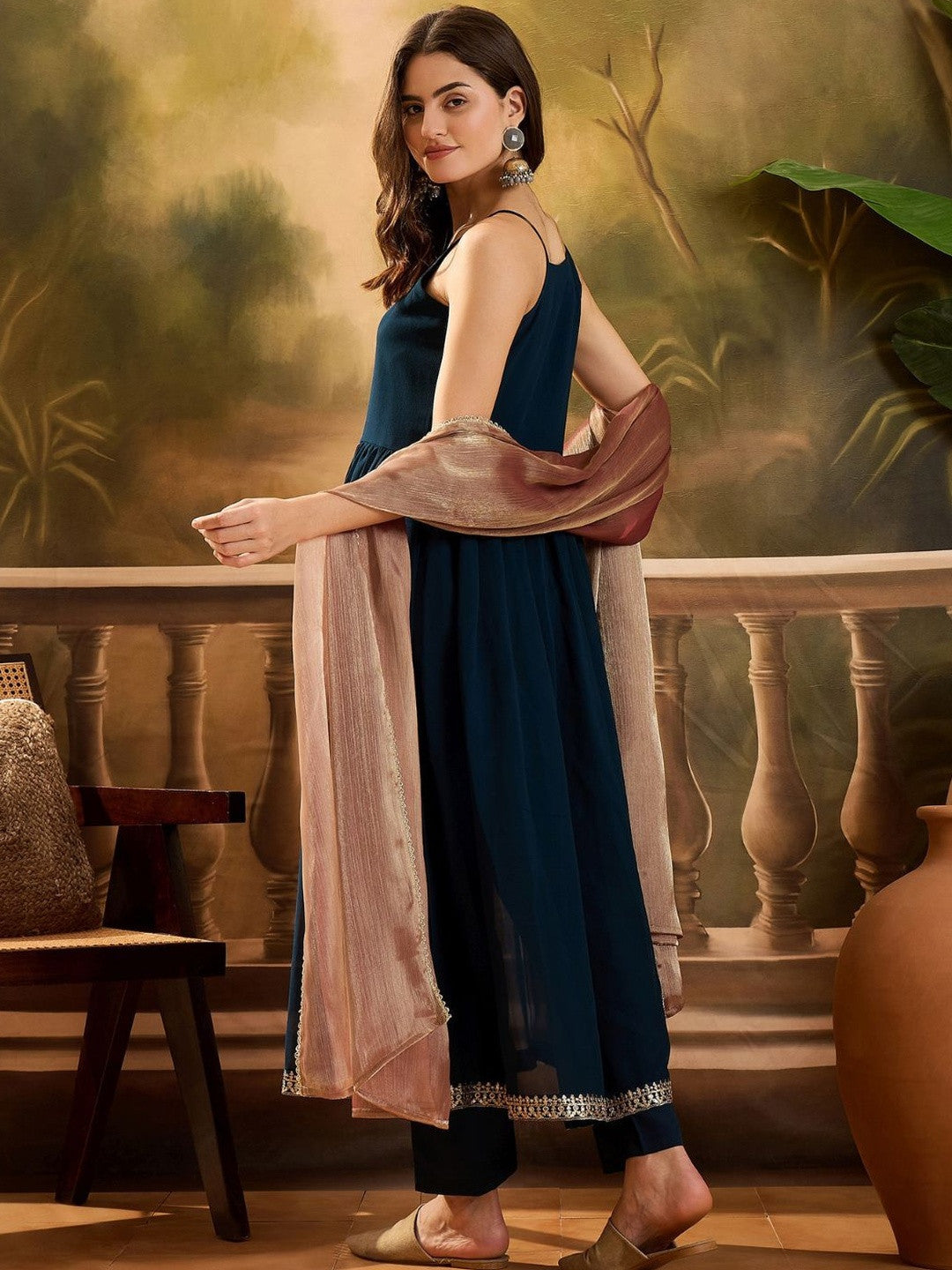Women Ethnic Motifs Embroidered Empire Kurta with Trousers & With Dupatta