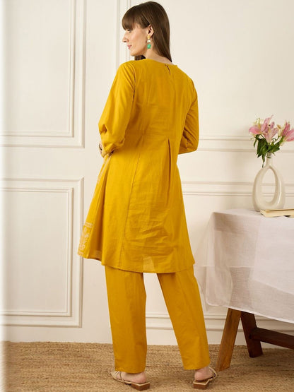 Flral Embroidered Pleated Thread Work Pure Cotton A-Line Kurta With Trousers