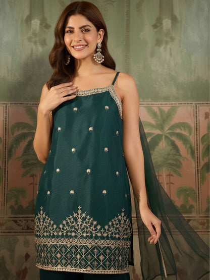 Embroidered Georgette Round Neck Kurta & Palazzos With Dupatta