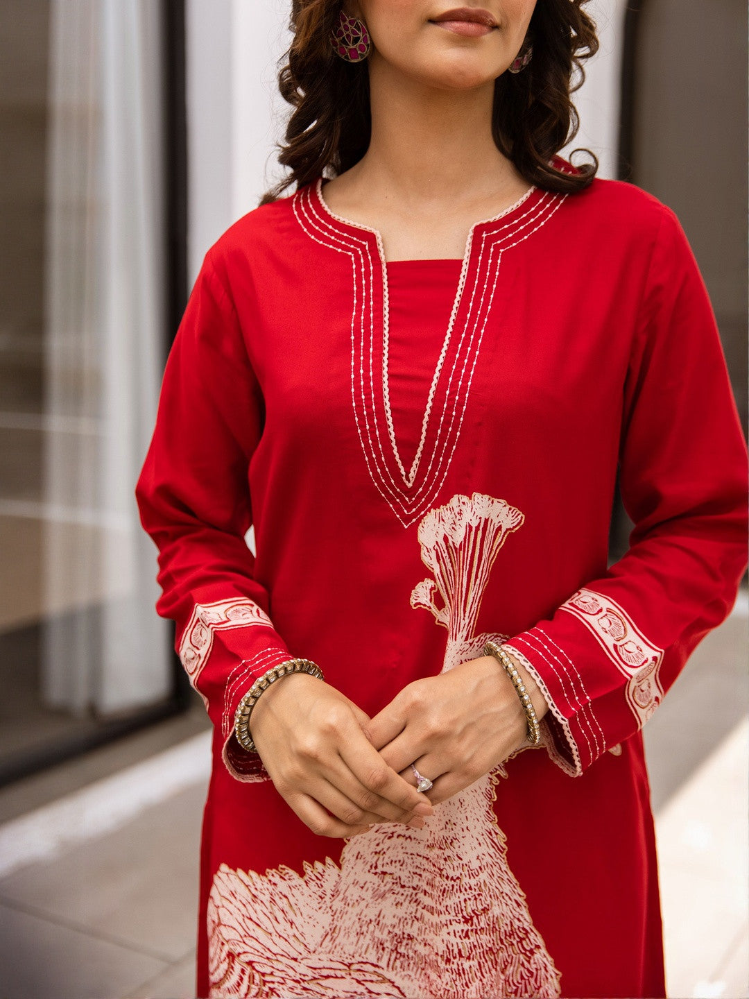 Birds Printed Notch Neck Thread Work Kurta With Palazzos