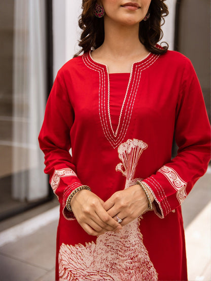 Birds Printed Notch Neck Thread Work Kurta With Palazzos