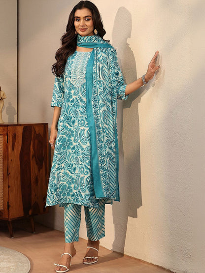 Blue Paisley Printed Cotton Straight Suit Set